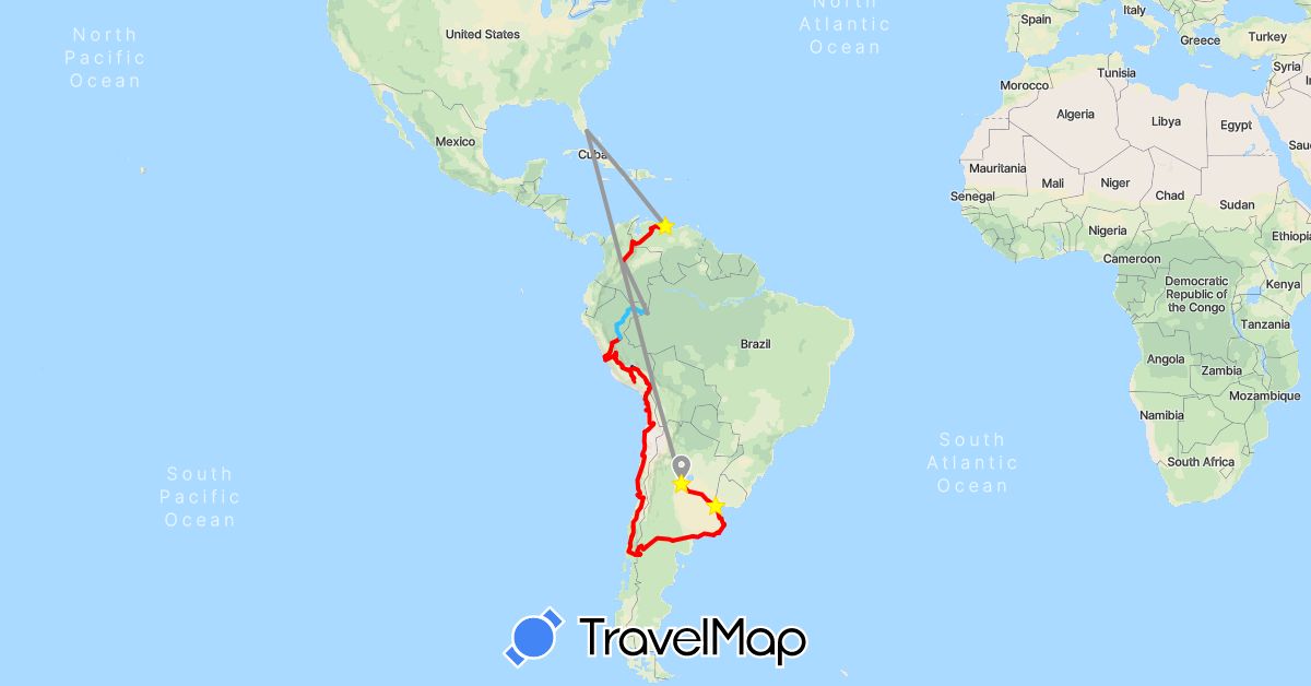 TravelMap itinerary: driving, plane, boat, motorcycle in Argentina, Chile, Colombia, Peru, United States, Venezuela (North America, South America)